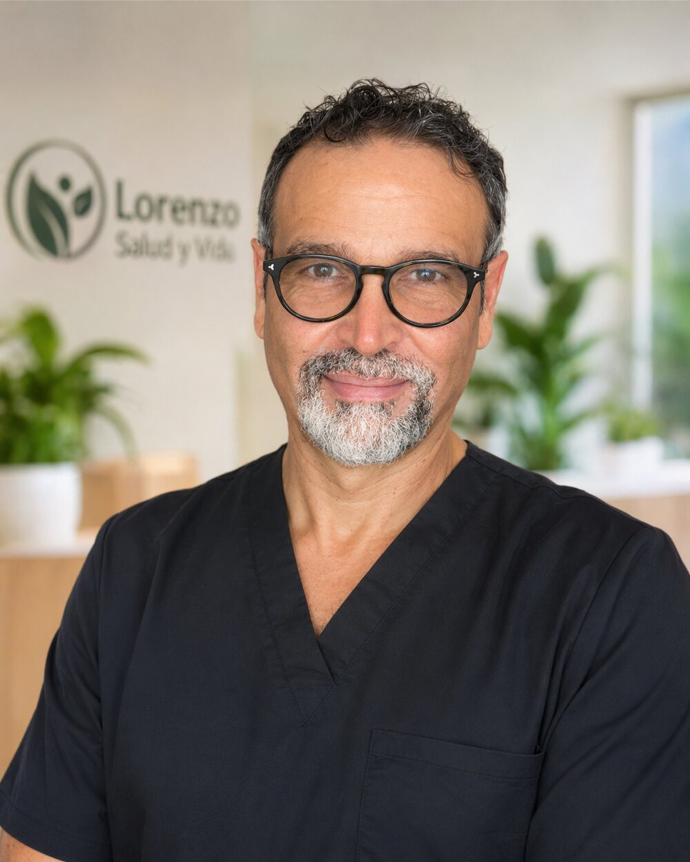Lorenzo Salud y Vida, enfermero y comunicador, con uniforme clínico y espejuelos