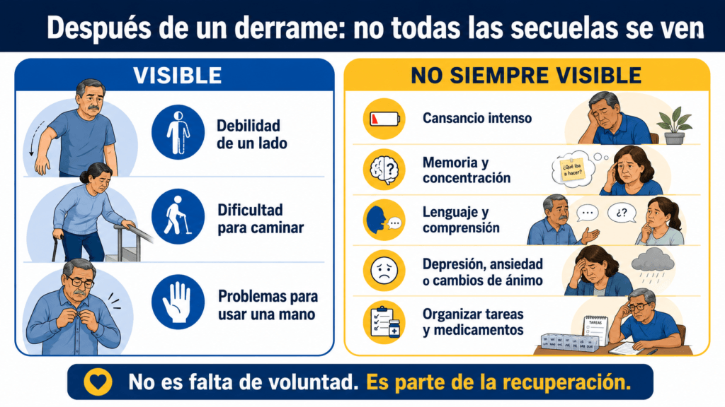 Secuelas visibles y no siempre visibles después de un derrame. Las visibles incluyen debilidad de un lado, dificultad para caminar y problemas para usar una mano. Las no siempre visibles incluyen cansancio, problemas de memoria, lenguaje, ánimo y organización.
