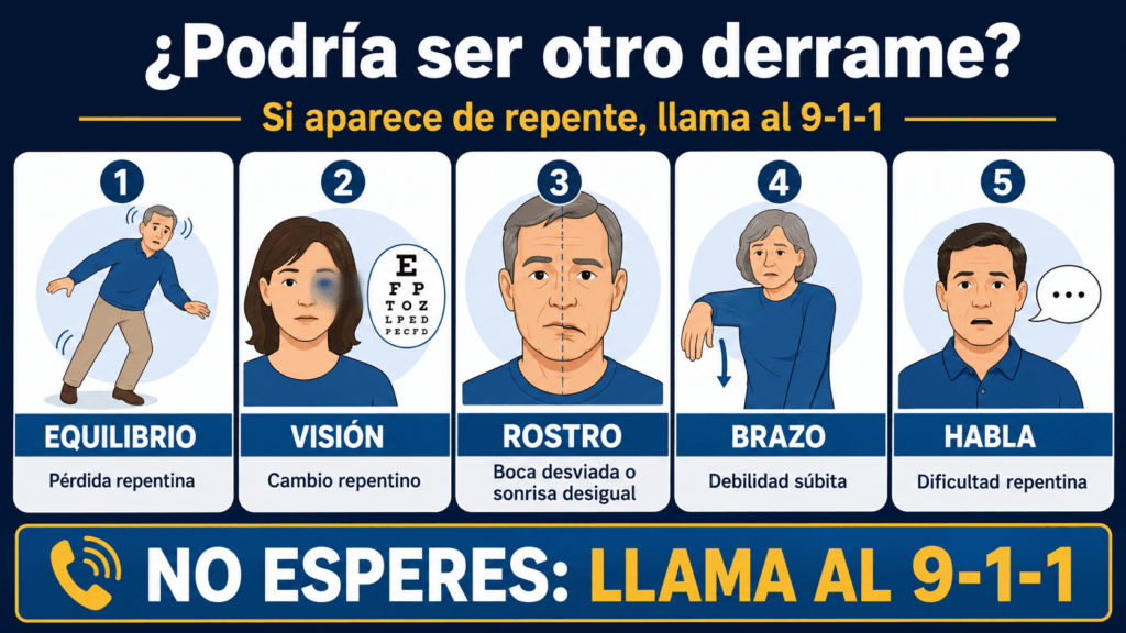 Señales repentinas de un derrame cerebral: pérdida de equilibrio, cambios en la visión, boca desviada o sonrisa desigual, debilidad de un brazo y dificultad para hablar. Llama al 9-1-1.